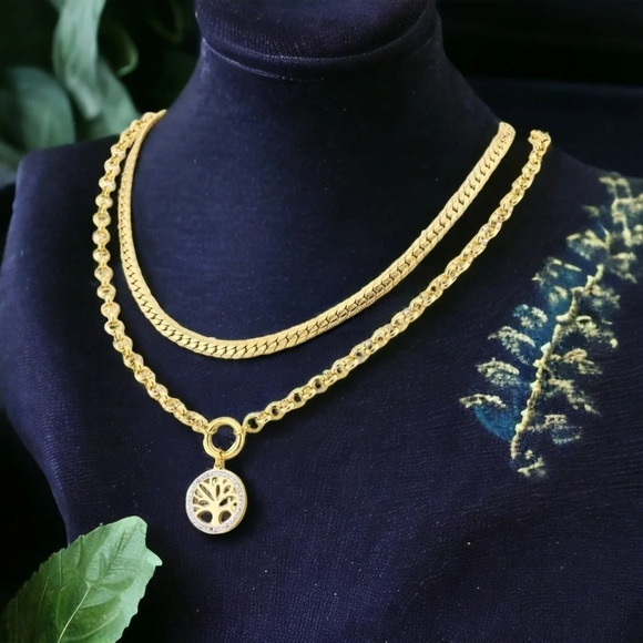 🆕️18K Gold Plated Double Chain Necklace w/ Rhinestone Tree of Life Pendant 🌳 - Picture 1 of 11